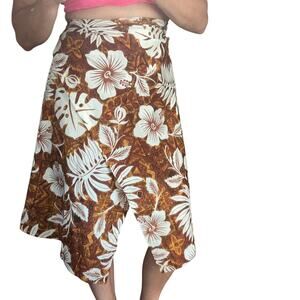 Vintage Hawaiian palm one size brown hibiscus floral wrap ski skirt cover-up